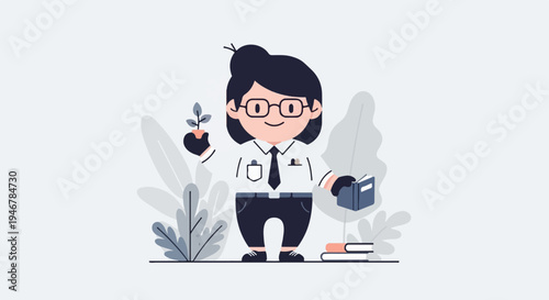 Cheerful character holding a plant and a book, surrounded by stylized foliage