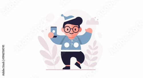Cheerful cartoon character in a blue shirt, dark pants, and a hat, holding a smartphone