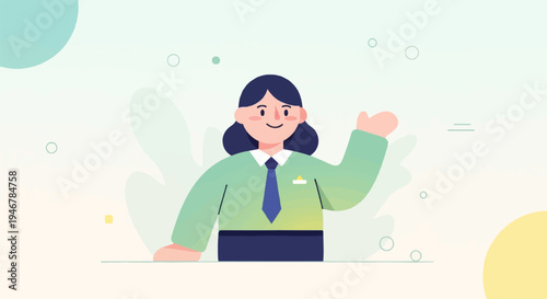 Friendly stylized person with dark hair, wearing a green collared shirt and blue tie, waves