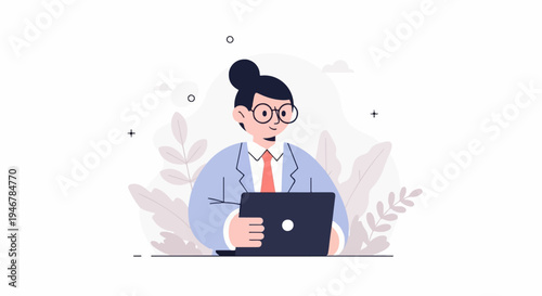 A person in a suit and tie works on a laptop amidst stylized foliage and graphic elements