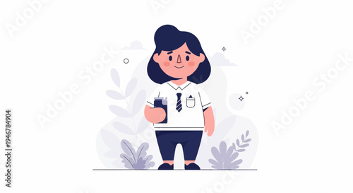 A cheerful, stylized person in a collared shirt and tie, holding a dark blue cup, stands amidst abstract flora