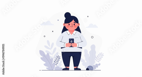 A cartoon character holding a smartphone, surrounded by abstract shapes and plants