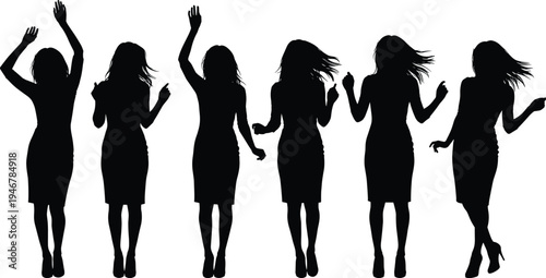 Silhouette illustration of woman dancing in multiple poses, showing rhythm, movement, joy, and body language in performance, celebration, and artistic expression concept