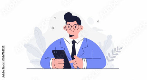 A cartoon man in a blue suit, white shirt, and tie wears glasses and holds a smartphone