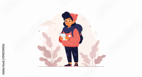 A person with a backpack, glasses, and a hat holds a tablet in a minimalist nature setting