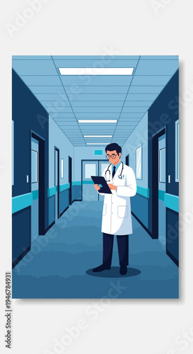 Medical Professional Standing In Hospital Corridor, Reviewing Patient Data, Medical Illustration