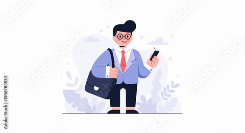 A smiling man in a blue suit, red tie, and glasses holds a phone and bag