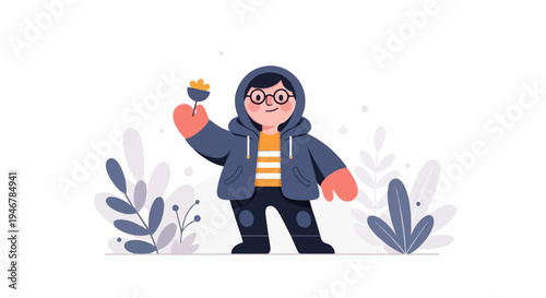 Cheerful person in winter attire holding a flower amidst stylized plants