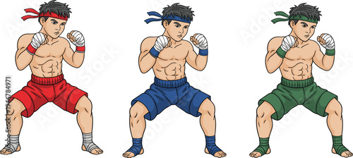 Cartoon boxing fighter character set in fighting stance with gloves, athletic male boxer illustration in three color variations red blue green for sports design