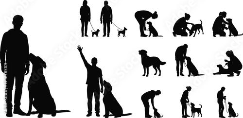 Dog owner and pet interaction silhouette set showing training, walking, playing and bonding moments with dogs isolated on white background for animal lifestyle design