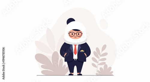 Whimsical figure in a suit and panda hat with stylized plants