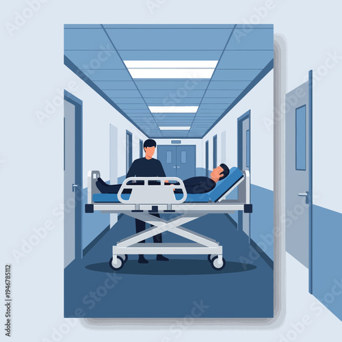 Medical Professional Transporting Patient On Gurney Through Hospital Corridor, Healthcare