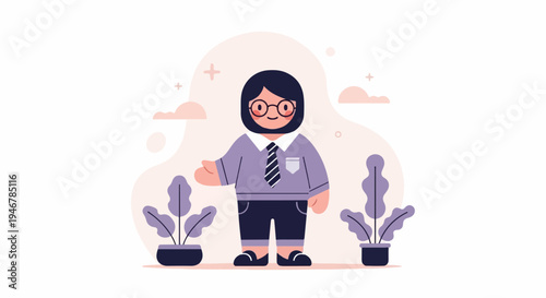 A cheerful cartoon person in glasses and business attire stands between two potted plants, with soft clouds