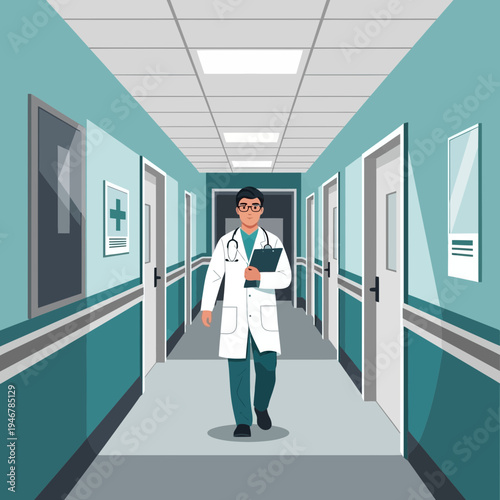 Medical Professional Traversing Hospital Corridor, Delivering Patient Care and Expertise Proactively