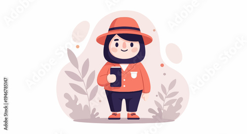 A stylized illustration of a person with dark hair, wearing a red hat, orange jacket, dark pants, and red shoes, holding a phone