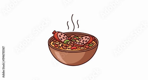 A steaming bowl of hearty stew with sausage and beans