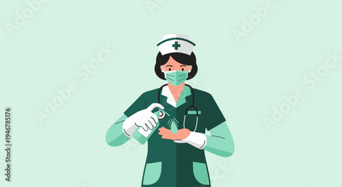 Medical Professional Sanitizing Hands With A Spray Bottle For Hygiene Purposes