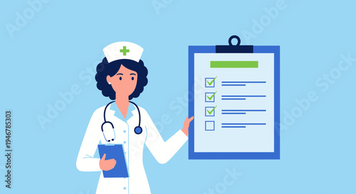 Medical Professional Showing Checklist, Health Care, Medical Exam, Health and Wellbeing Illustrated