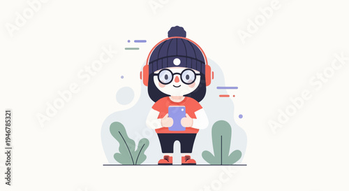 Cheerful cartoon character with headphones, glasses, and phone, surrounded by abstract shapes and plants