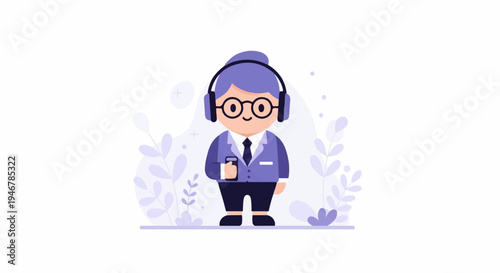 A cartoon character in a suit wearing headphones and holding a phone