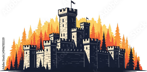 A stone fortress stands guard amidst a vibrant, fiery forest backdrop