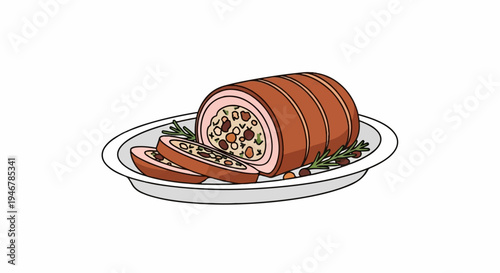 A sliced stuffed roast with rosemary and berries on a platter