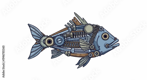 Mechanical fish crafted from gears, springs, bolts, and wooden elements