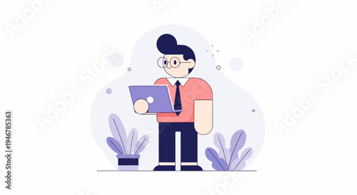 A stylized illustration of a person with glasses holding a laptop, surrounded by plants