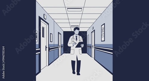 Medical Professional Walking Down The Hospital Corridor to Attend His Patients