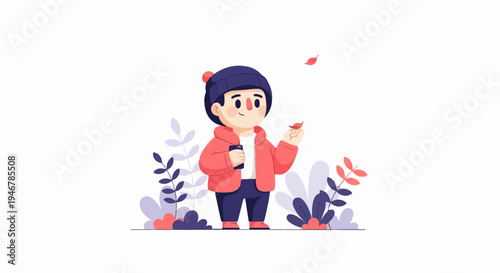 A cheerful child in a warm coat enjoys an autumn day, holding a drink