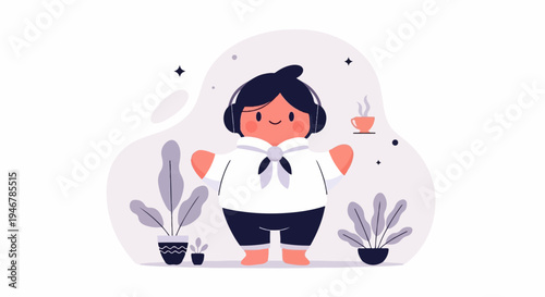 A cute, plump figure with headphones and a bow tie enjoys a warm drink and plants