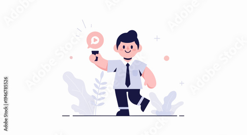 Cheerful cartoon person in office attire holding phone with play icon speech bubble