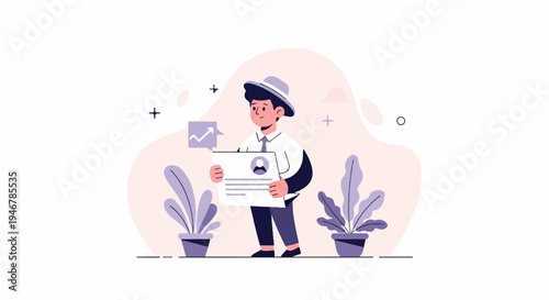 Person holds resume, graph shows growth, potted plants flank