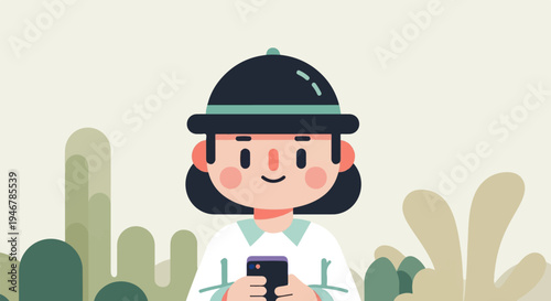 A cartoon child wearing a hat, holding a smartphone amidst abstract nature elements