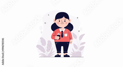 A cute cartoon person in business attire holds a beverage and stands amongst plants