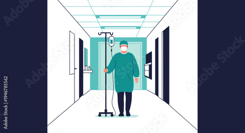 Medical Professional with IV Drip in Hospital Corridor Vector Illustration