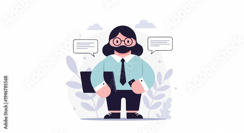 A stylized person in business attire, wearing glasses and a face covering, holds a laptop and phone, with speech bubbles and plants