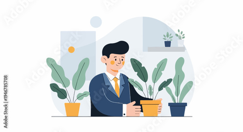 Young man in suit tending to houseplants in a minimalist setting with soft, abstract shapes