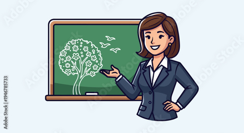 Cartoon teacher presents a flourishing tree and birds on a green chalkboard