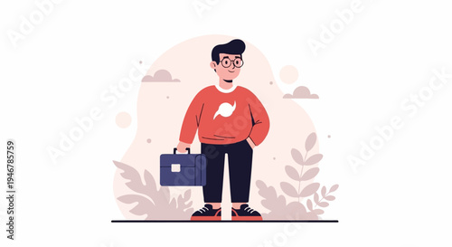 A person in glasses and a red sweater holds a briefcase and stands in a minimalist style
