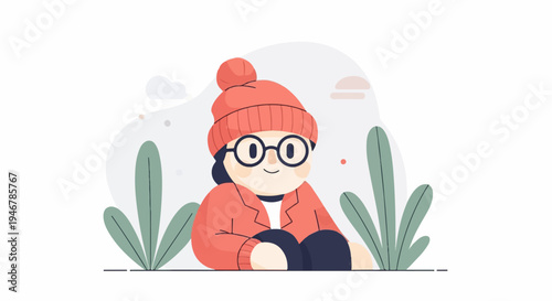 A person wearing a red beanie and glasses sits amongst stylized plants under a cloudy sky
