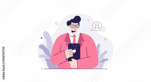 A stylized person in a pink suit holds a tablet featuring a white heart shape