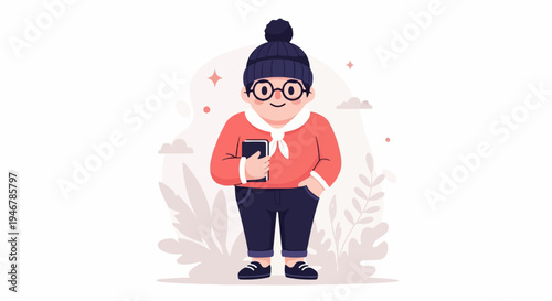 Cheerful character in winter attire holds a book, standing amidst abstract foliage and clouds