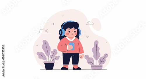 Cheerful child with headphones and phone, surrounded by plants