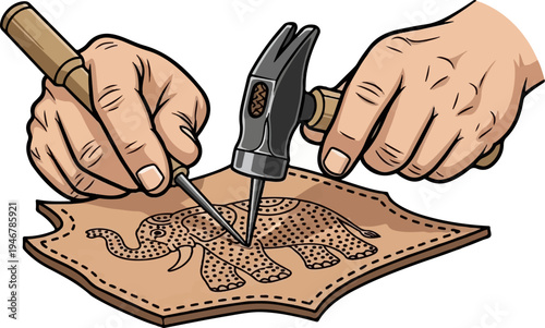 Hands carving an elephant design onto leather with tools, showing a skilled artisan at work