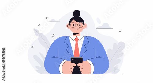 Professional person in blue suit and red tie, holding phone, with abstract background