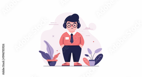 Character with headphones and plants