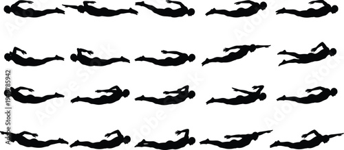 Swimming stroke sequence silhouette set showing swimmer motion phases isolated on white background, aquatic sport training illustration for technique analysis and fitness design