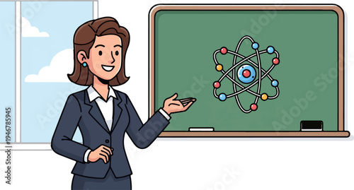 A smiling female teacher in a suit points to an atomic model on a blackboard