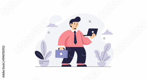 Cartoon man in a suit holds a laptop and briefcase, plants and clouds in background